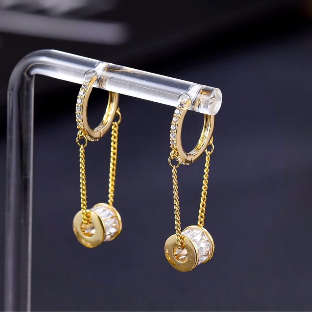 Gold CZ Dangling Chain Hoop Earrings